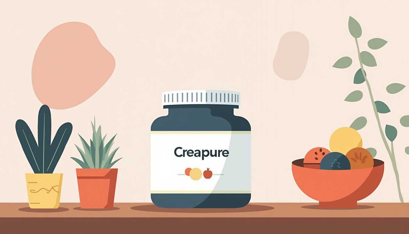 Minimalistische vectorillustratie van een creatinepot met planten en fruit.