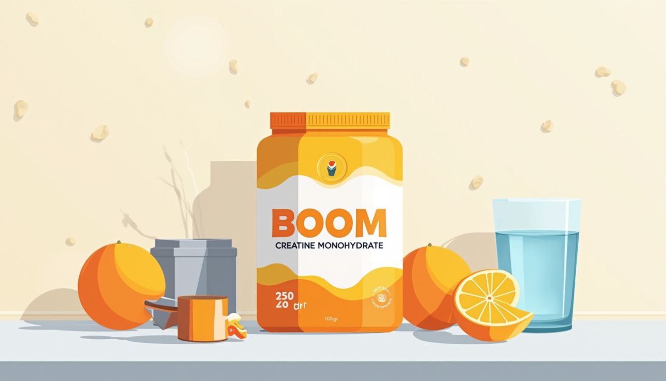 Minimalistische illustratie van creatine met fruiticonen op een aanrecht. Minimalistische illustratie van creatine met fruiticonen op een aanrecht.