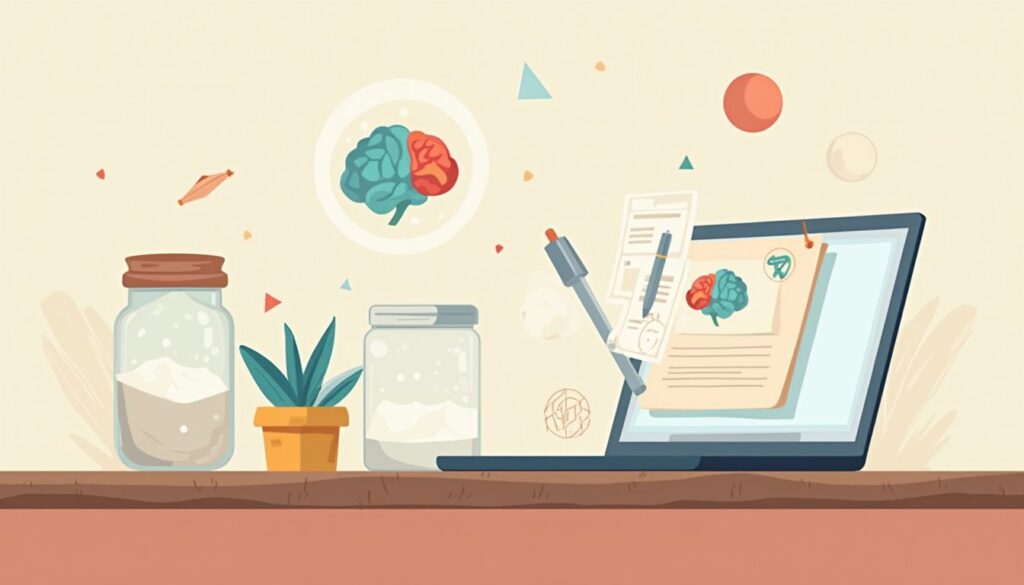 Een minimalistische illustratie van een glazen pot met creatinepoeder op een houten tafel.