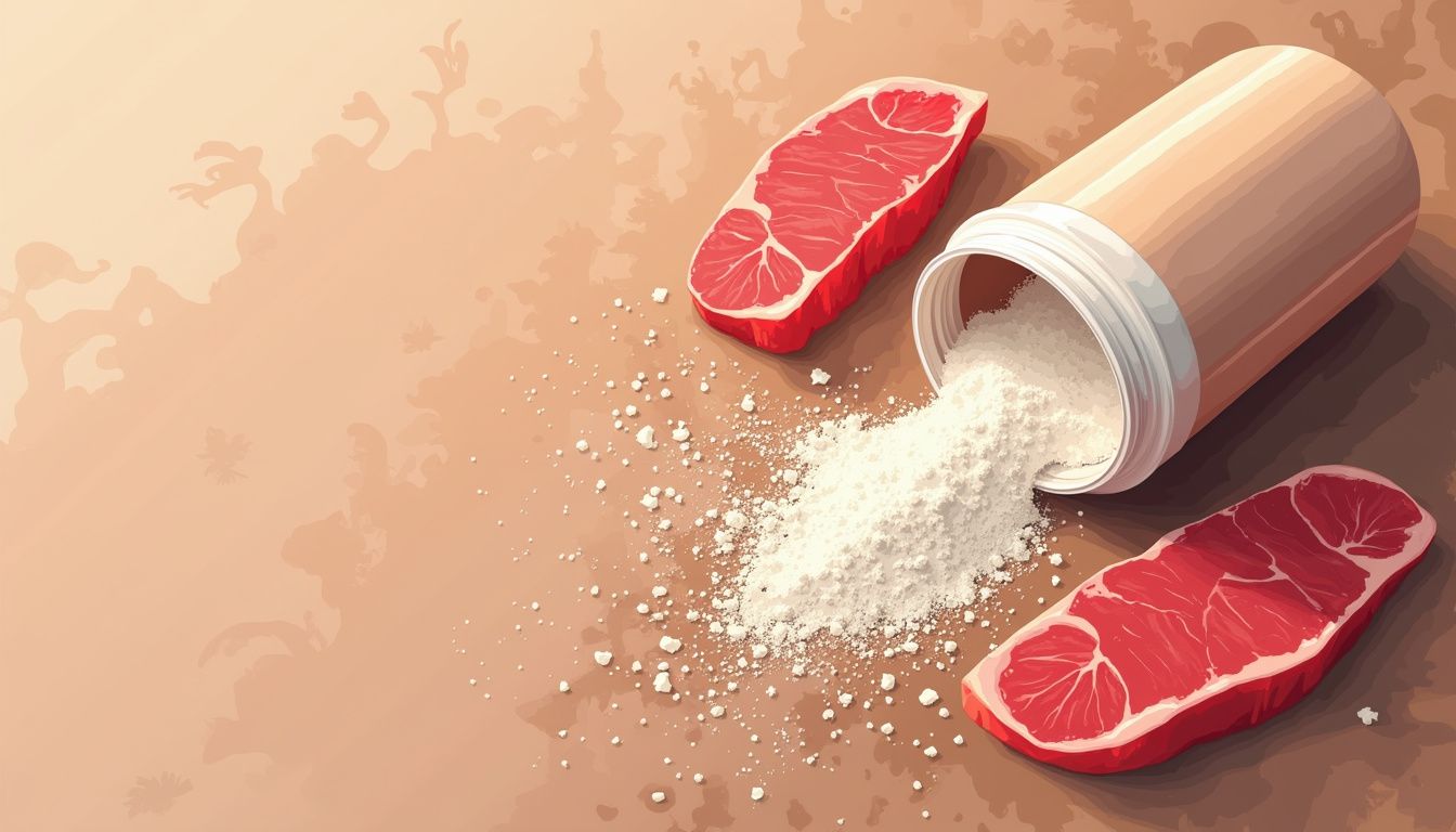 Vlakke illustratie van creatine, vlees en vis op een houten tafel. Vlakke illustratie van creatine, vlees en vis op een houten tafel.