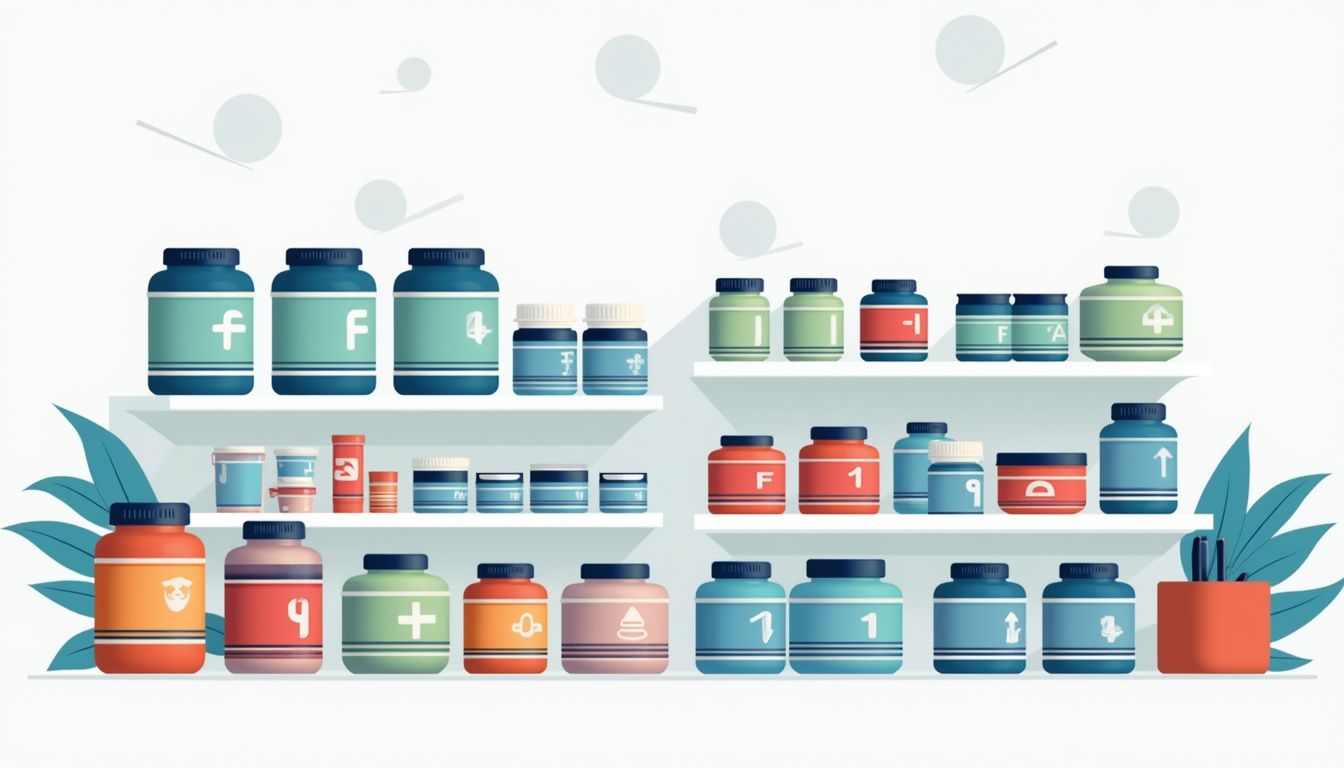 Vlakke illustratie van een moderne supplementenwinkel met creatinecontainers. Vlakke illustratie van een moderne supplementenwinkel met creatinecontainers.