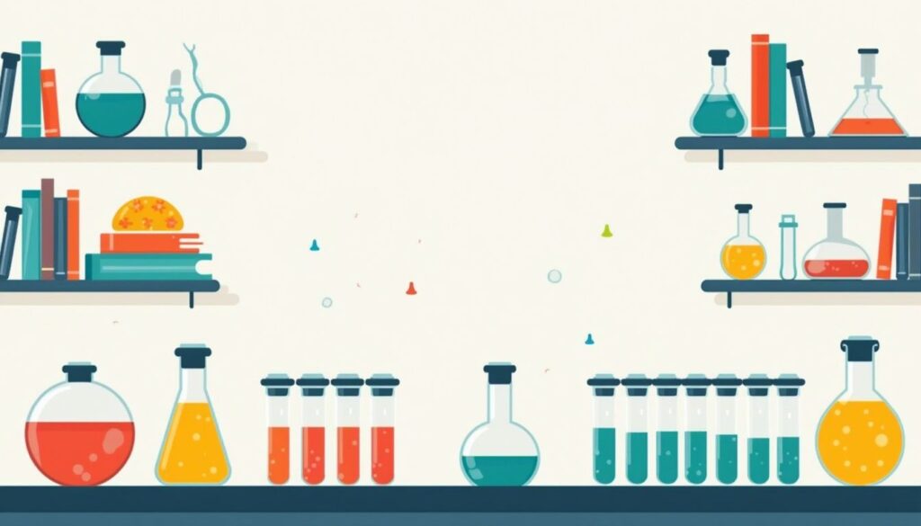 Minimalistische laboratoriumillustratie met kleurrijke reageerbuizen en herseniconen.