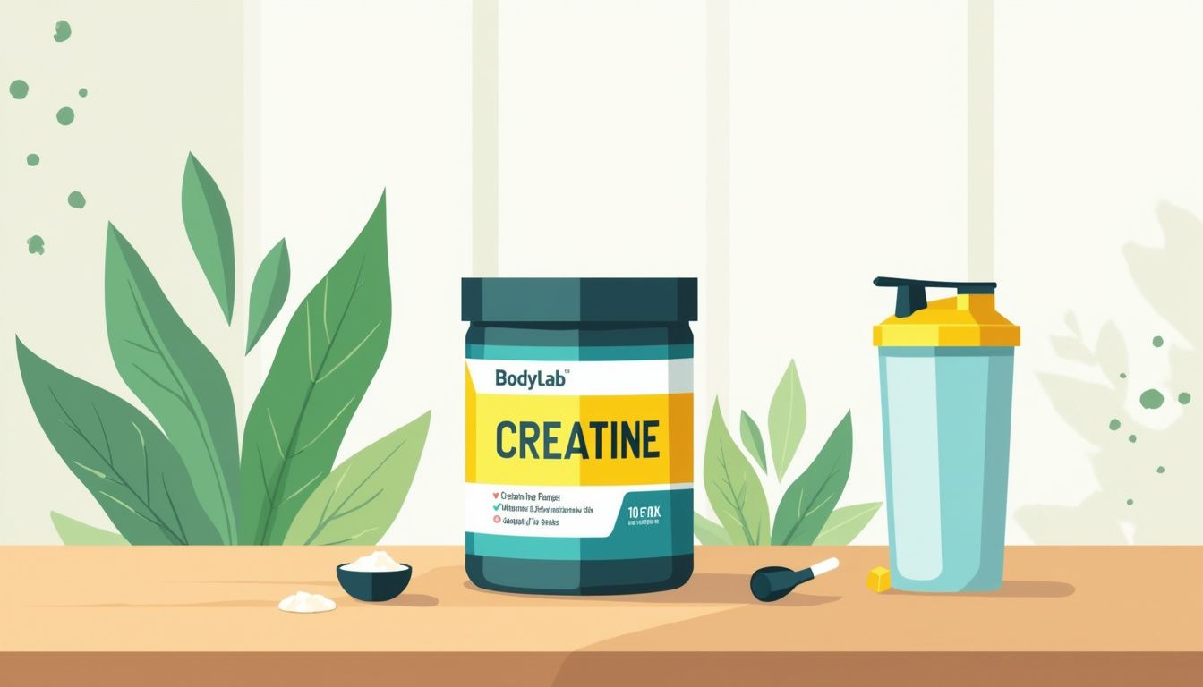 Minimalistische vectorillustratie van een creatine tub en shaker.