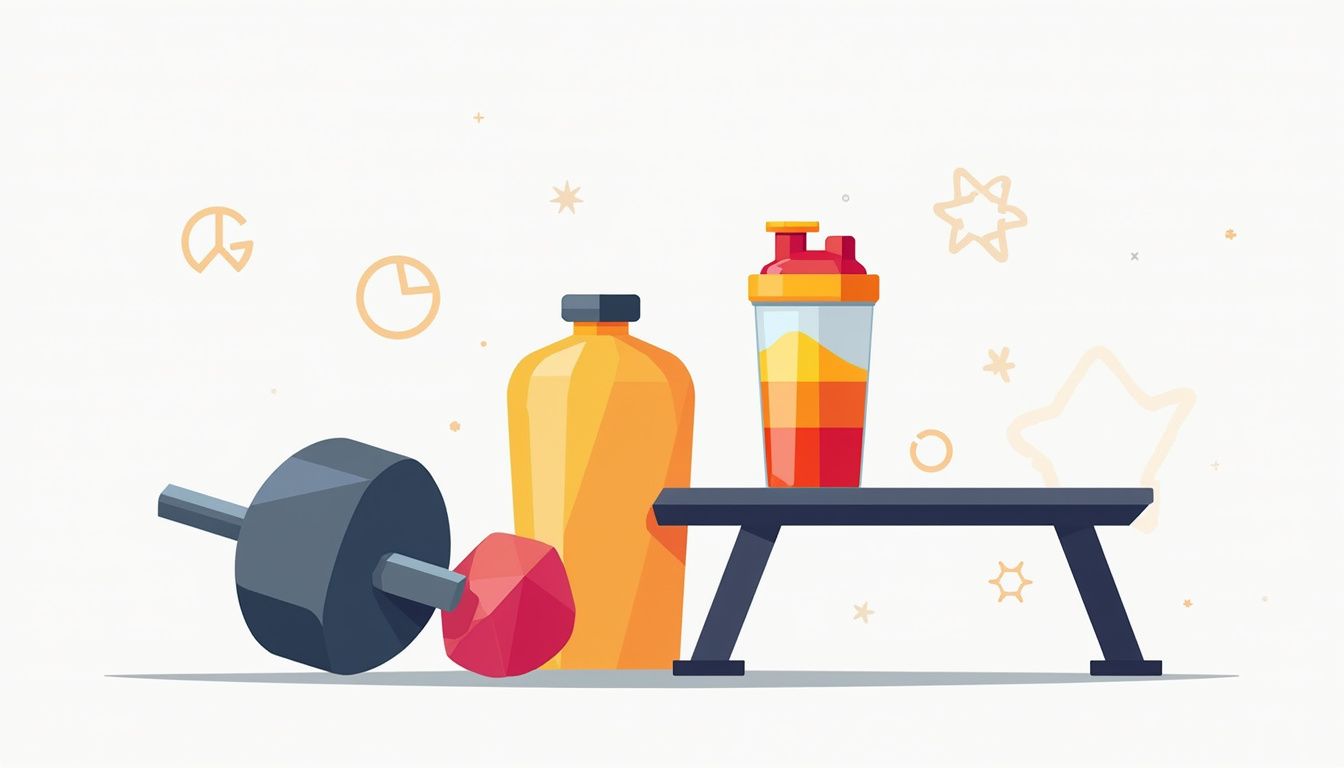 Vibrante shakerfles en dumbbell op een minimalistische gymbank.