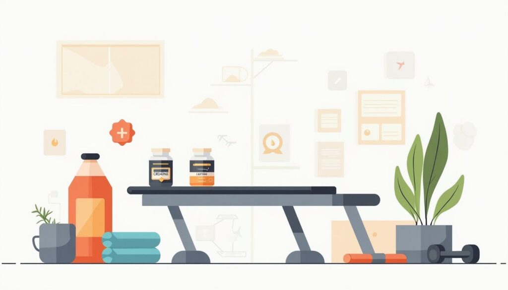 Minimalistische fitnessruimte met supplementen, gewichten en geometrische vormen.