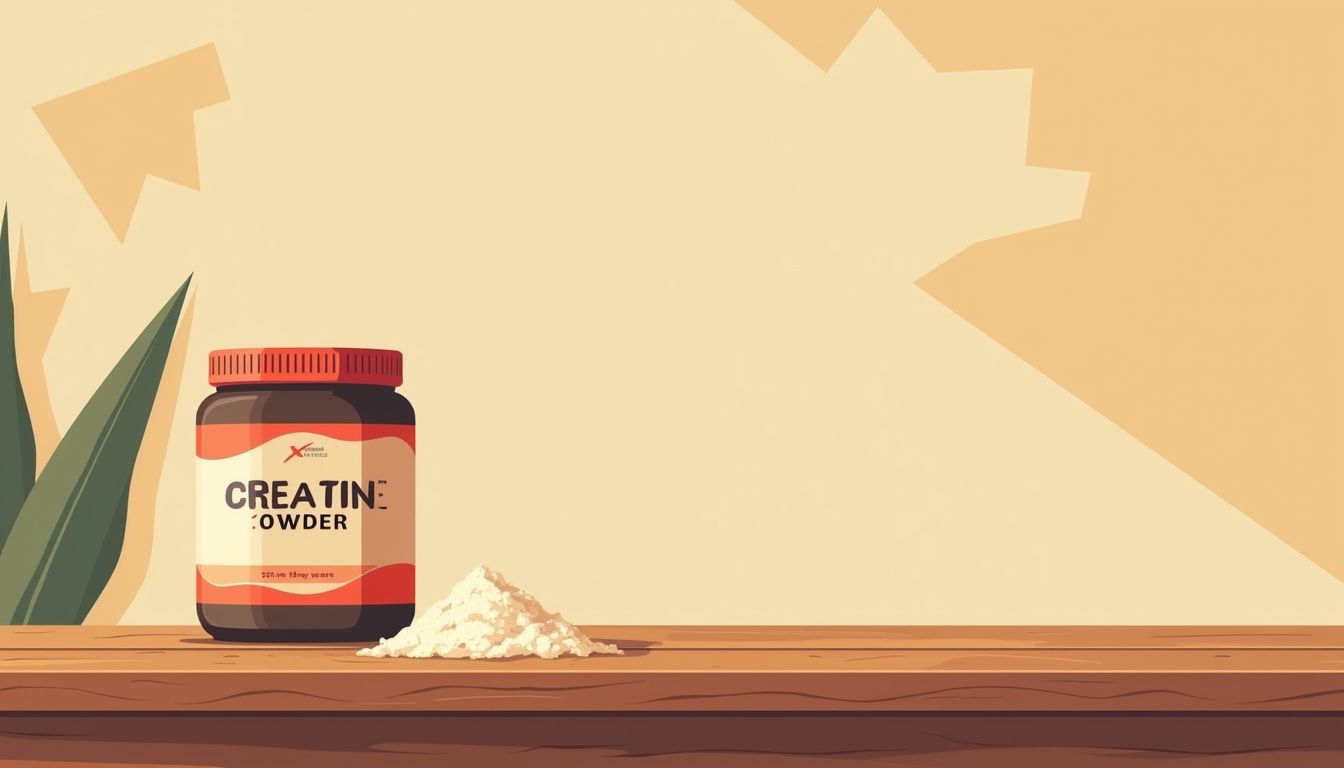 Minimalistische illustratie van een creatine poedercontainer op een houten tafel. Minimalistische illustratie van een creatine poedercontainer op een houten tafel.