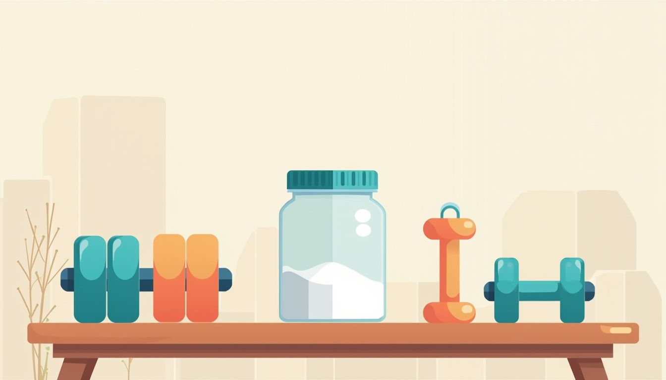 Minimalistische vectorillustratie van een creatinepot op een houten bank.