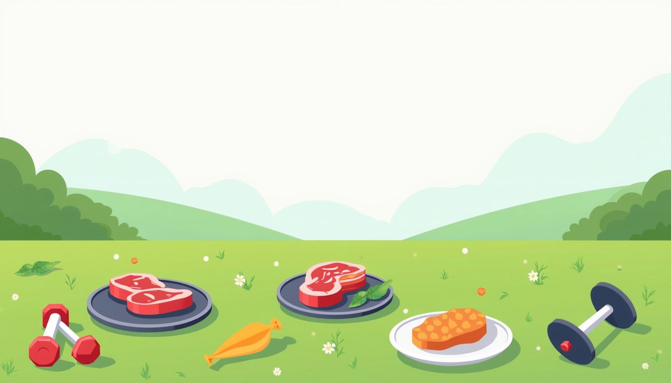 Minimalistische illustratie van fitness en gezonde voeding op een groen veld.