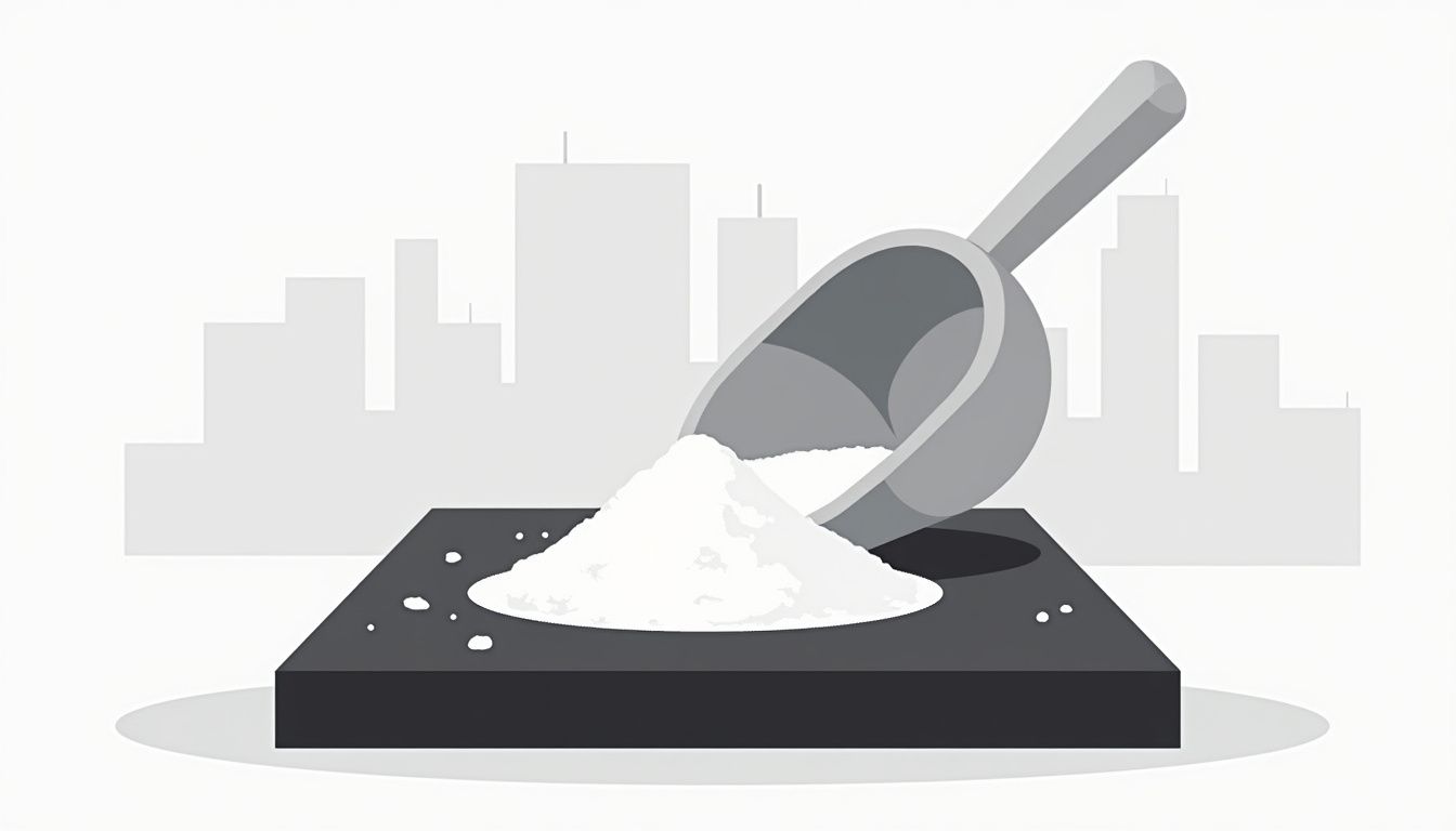 Minimalistische illustratie van creatinepoeder en een metalen schep.