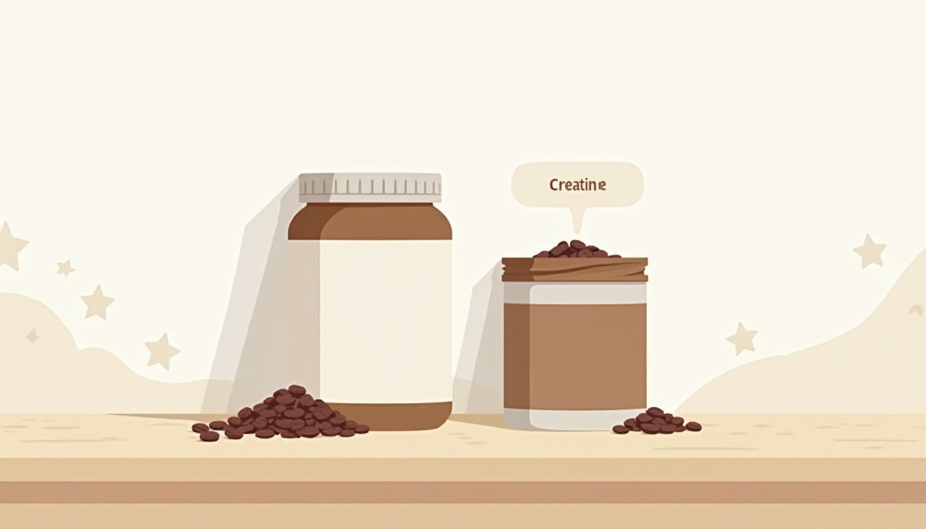 Minimalistische illustratie van koffiebonen en creatine naast elkaar.