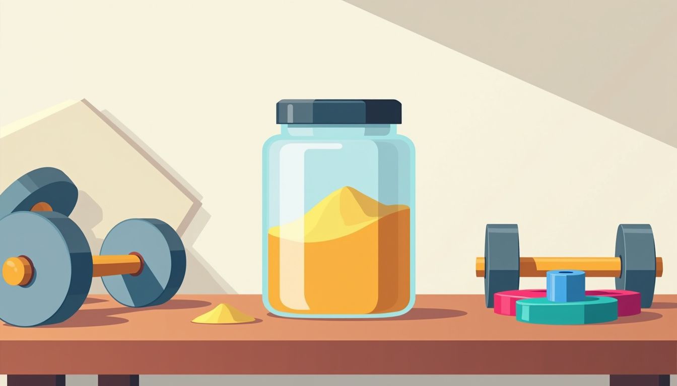 Minimalistische illustratie van een glazen pot met creatinepoeder en fitnessaccessoires.