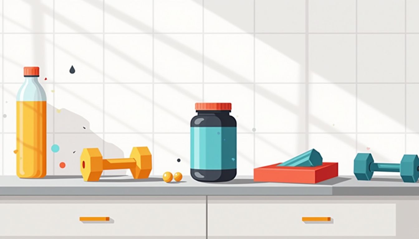 Een minimalistische werkruimte met creatine, dumbbells en een waterfles. Een minimalistische werkruimte met creatine, dumbbells en een waterfles.