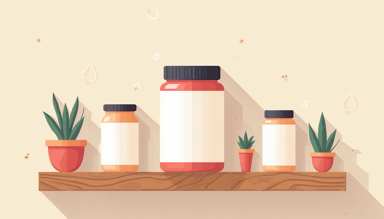 Minimalistische vectorillustratie van een creatinecontainer op een houten plank. Minimalistische vectorillustratie van een creatinecontainer op een houten plank.