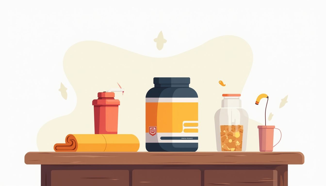 Minimalistische illustratie van een creatinecontainer en sportaccessoires. Minimalistische illustratie van een creatinecontainer en sportaccessoires.