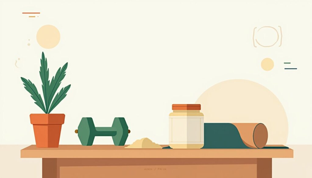 Minimalistische illustratie van een pot creatine op een houten tafel.