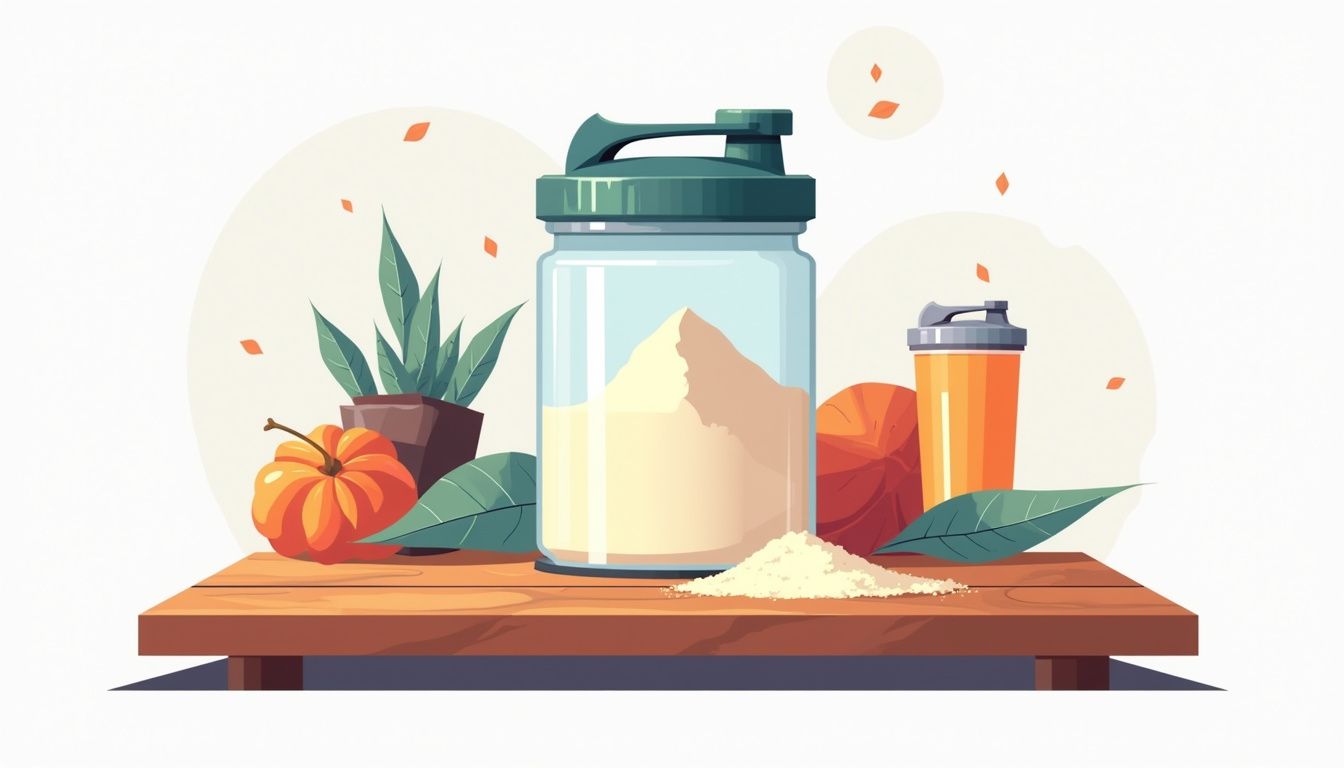 Vlakke illustratie van creatinepoeder op een houten tafel met shakers. Vlakke illustratie van creatinepoeder op een houten tafel met shakers.