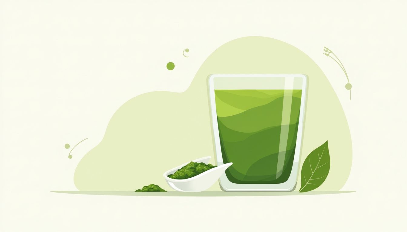 Vlakke illustratie van matcha thee met creatine poeder en theeset.