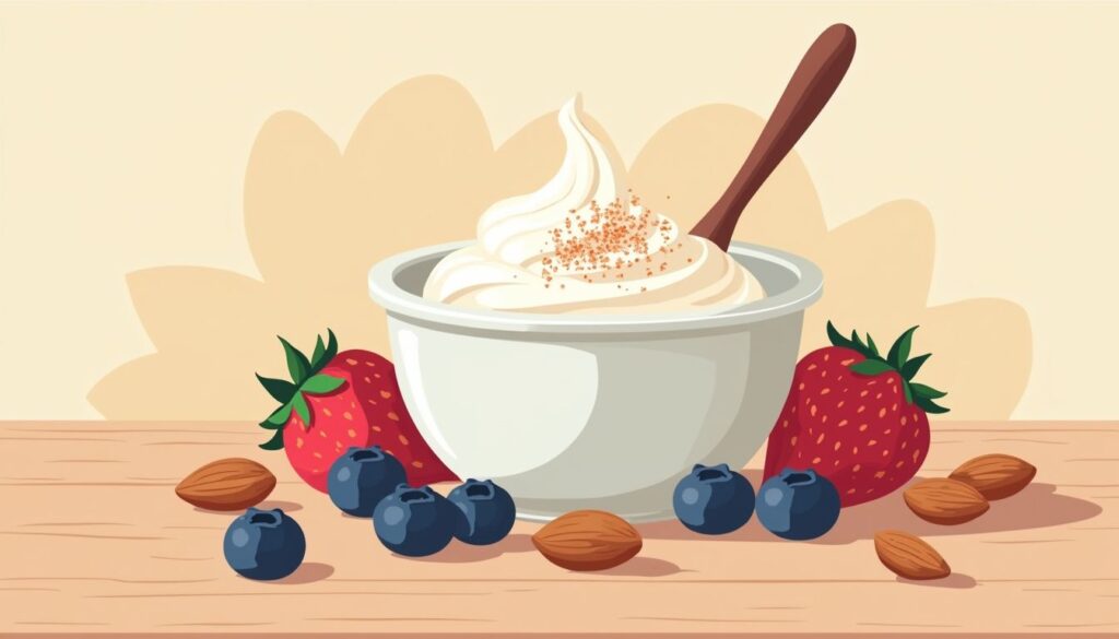 Vlakke illustratie van yoghurt met creatine en verse bessen en amandelen.