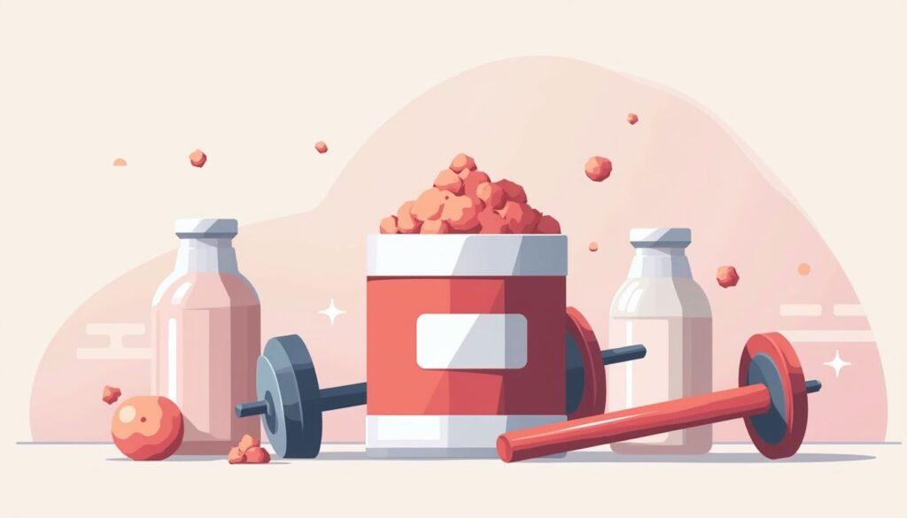 Minimalistische illustratie van een creatinecontainer omringd door sportuitrusting.