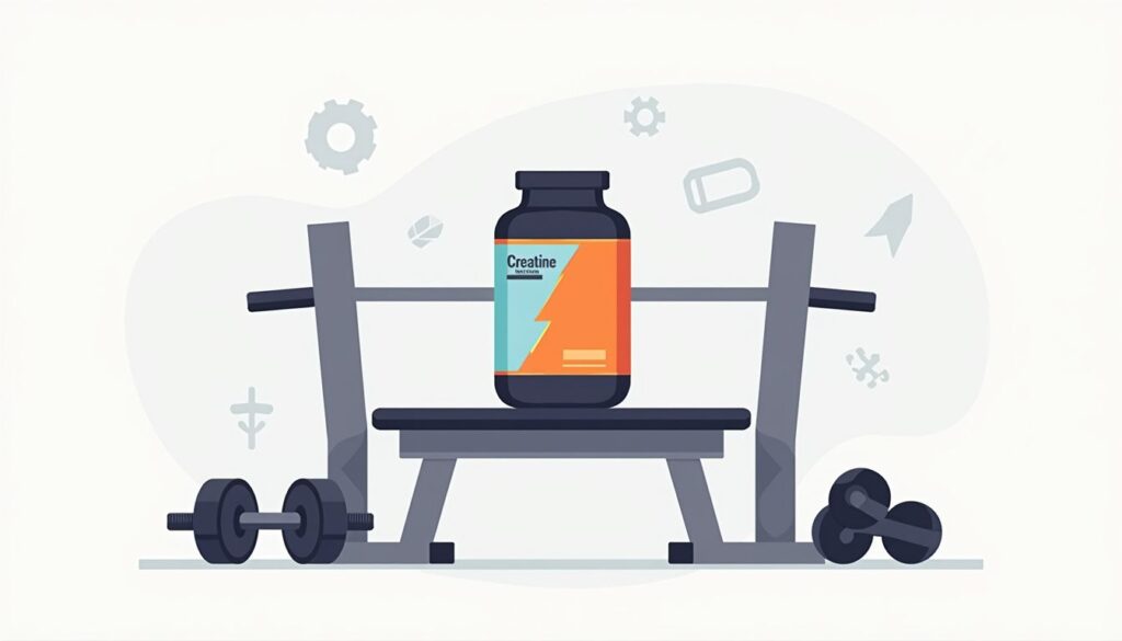 Minimalistische vectorillustratie van een creatinefles op een trainingsbank.