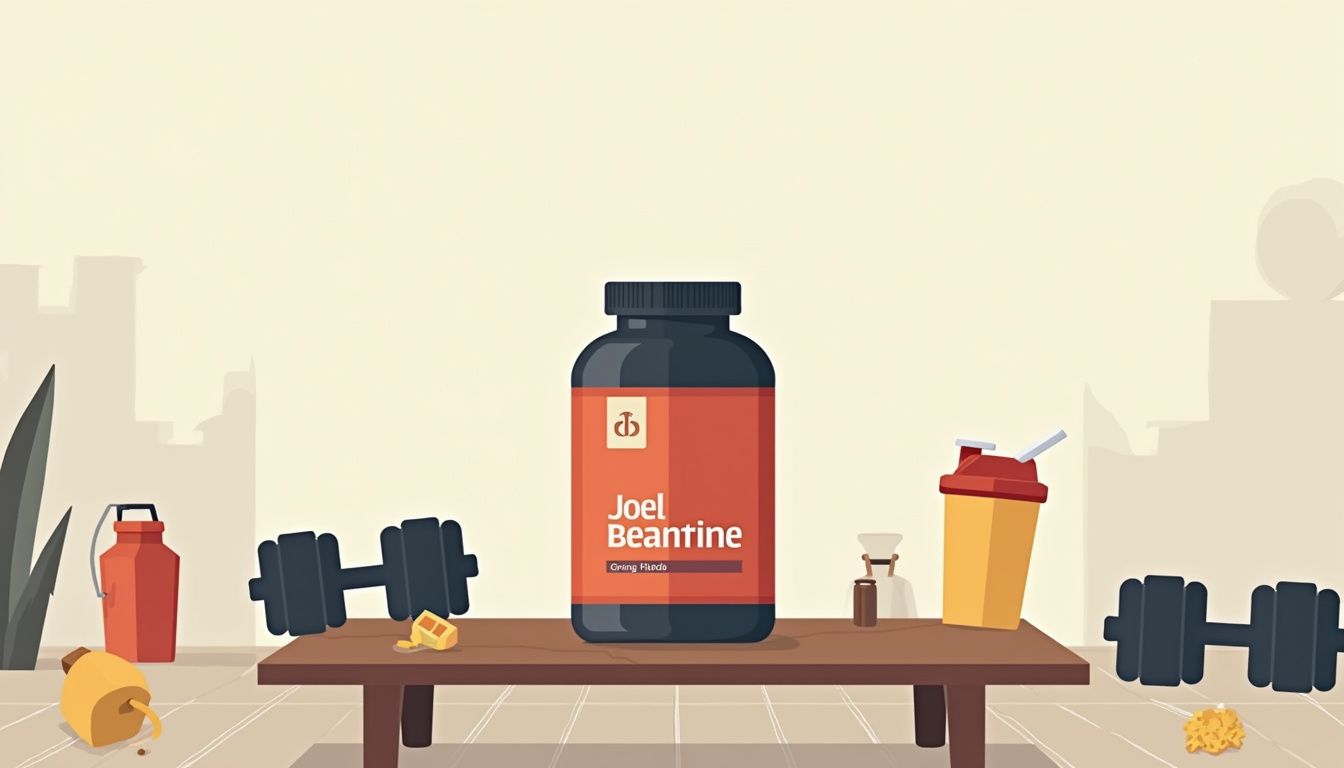 Illustratie van een creatinefles en fitnessaccessoires op een houten tafel. Illustratie van een creatinefles en fitnessaccessoires op een houten tafel.