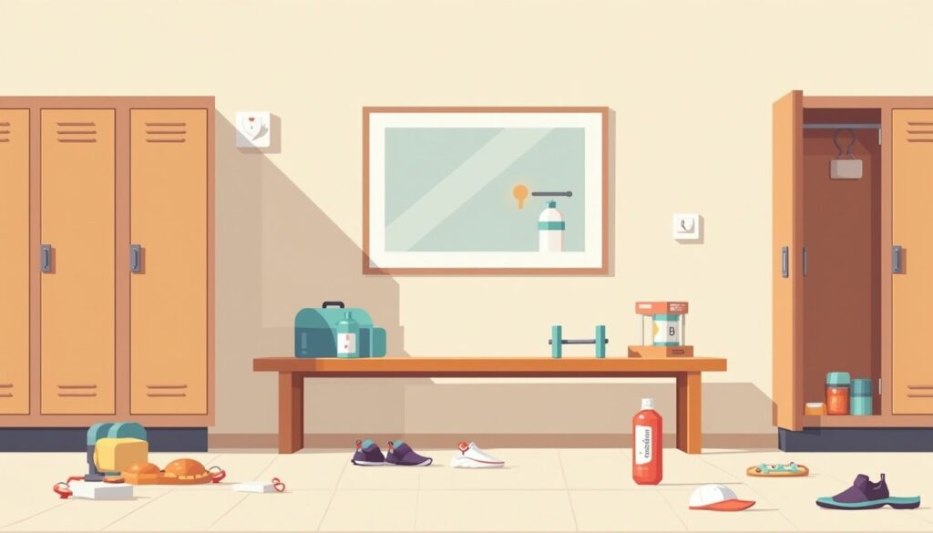 Minimalistische vectorillustratie van een gym kleedkamer met eenvoudige vormen.