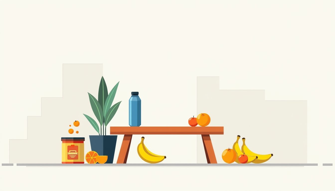 Minimalistische gymlocker met bench, fruit en supplementen in platte stijl. Minimalistische gymlocker met bench, fruit en supplementen in platte stijl.