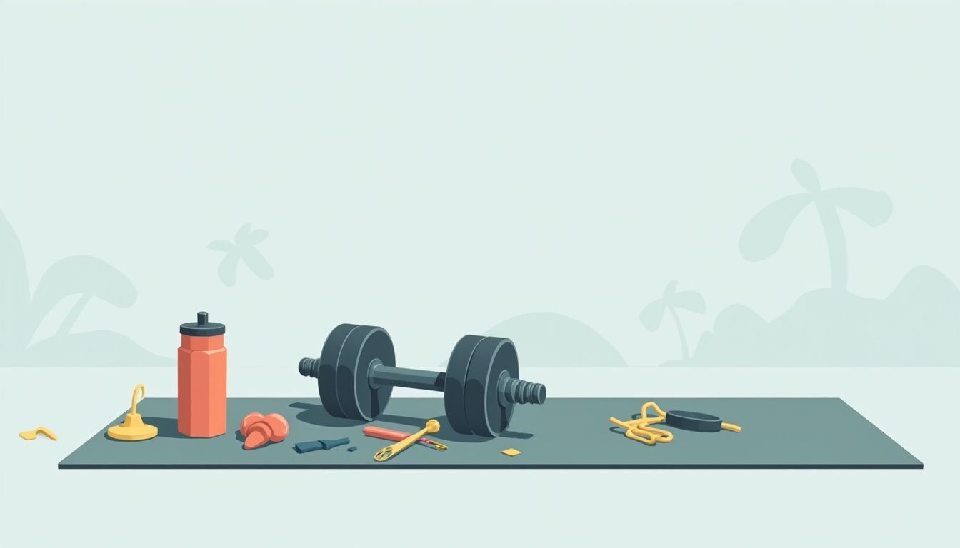 Versleten dumbbell op een vergeelde yogamat met verwaarloosde sportuitrusting.