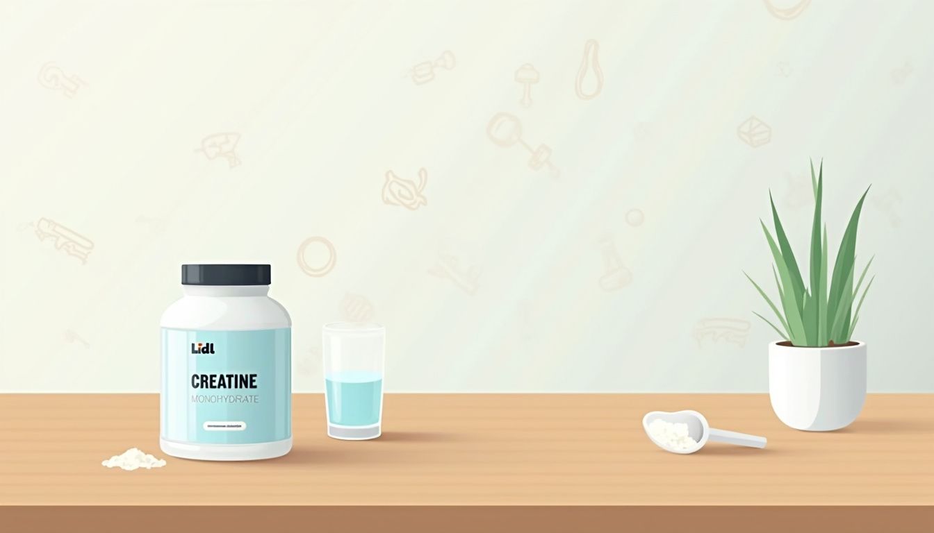 Flat vectorillustratie van Lidl Creatine Monohydrate op houten tafel. Flat vectorillustratie van Lidl Creatine Monohydrate op houten tafel.