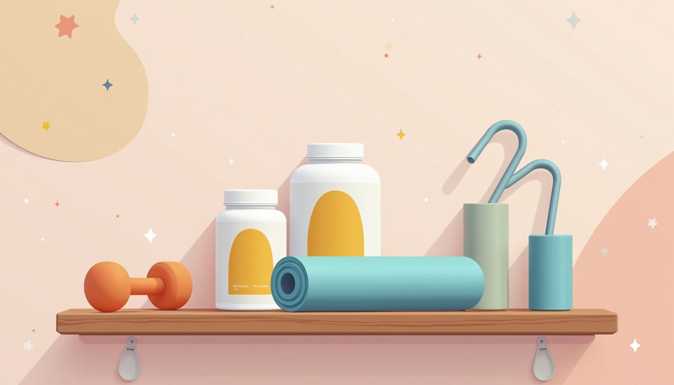 Minimalistische illustratie van een creatine fles op een gymplank.