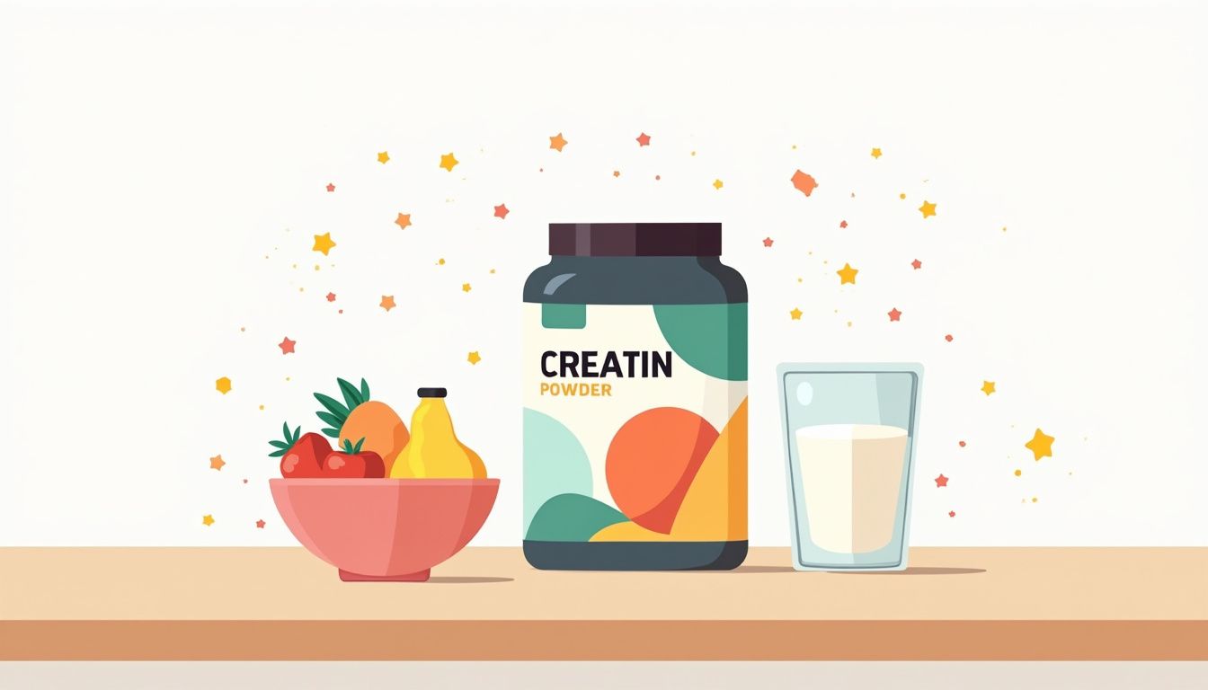 Minimalistische illustratie van creatine, melk en fruit op een houten tafel.