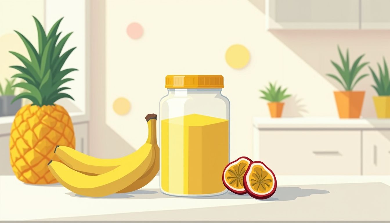 Vlakke illustratie van een glas pot met creatine en tropisch fruit.