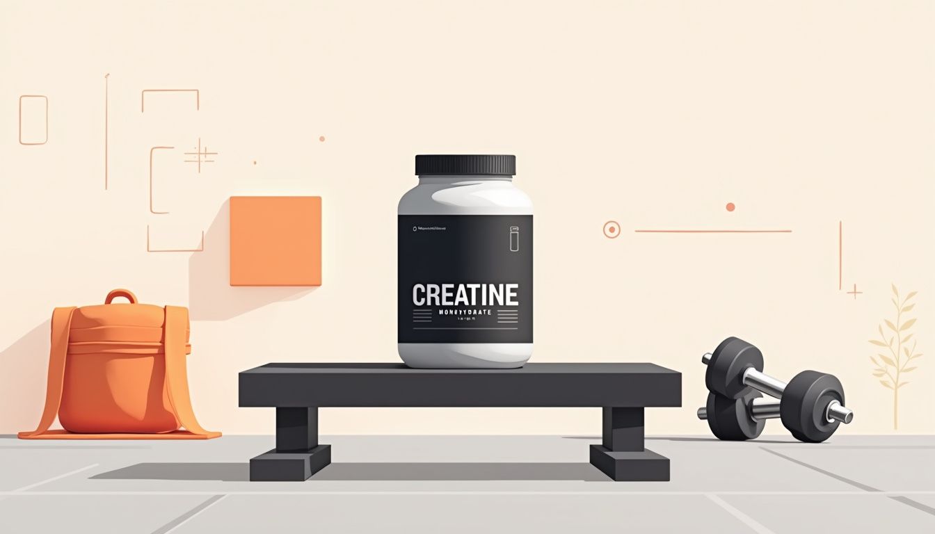 Minimalistische vectorillustratie van een creatinecontainer in een fitnessomgeving. Minimalistische vectorillustratie van een creatinecontainer in een fitnessomgeving.