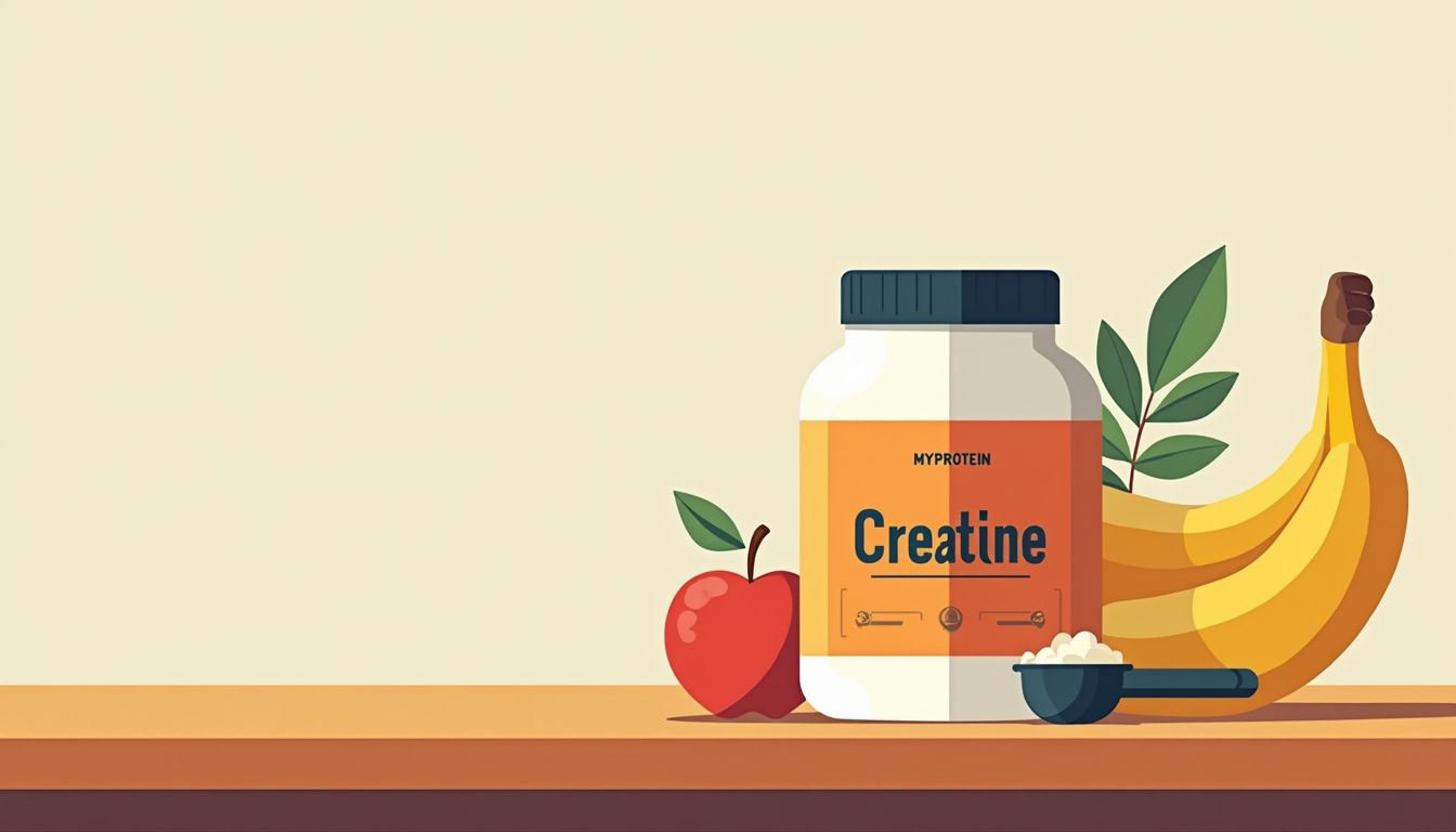 Flat design illustratie van creatinepoeder met fruit en houten tafel.