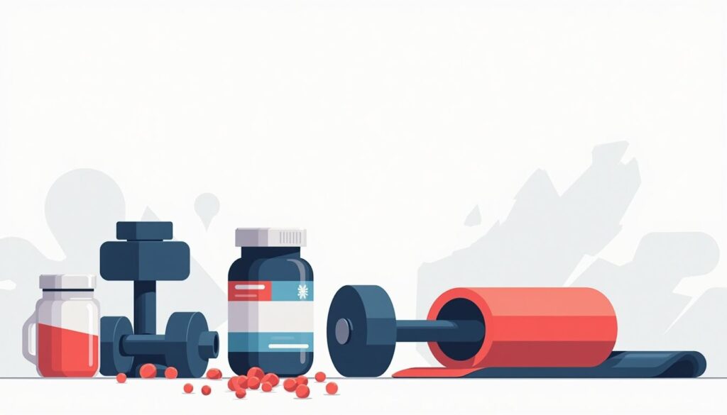 Een drukke keukenoppervlak met fitness- en voedingsproducten in minimalistische stijl.