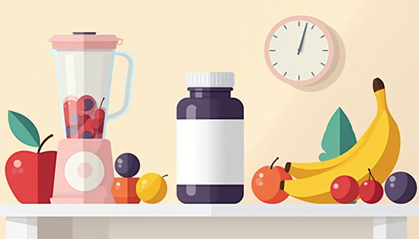 Minimalistische illustratie van creatine, fruit en een blender op aanrecht. Minimalistische illustratie van creatine, fruit en een blender op aanrecht.