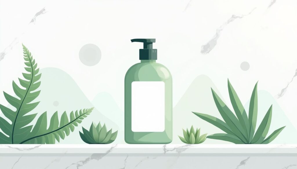Moderne creatine shampoo op minimalistische marmeren ondergrond met planten.