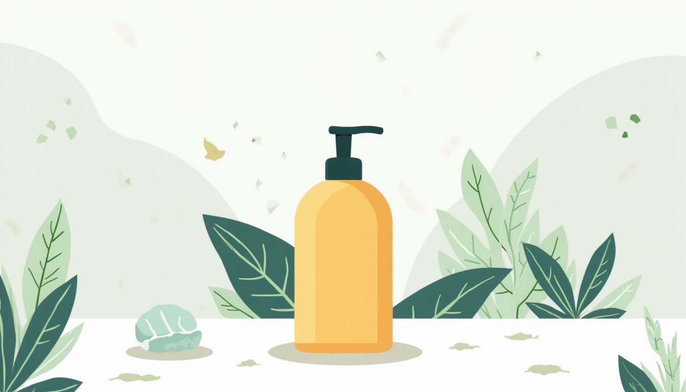 Minimalistische vectorillustratie van een creatine shampoo fles op een wastafel.