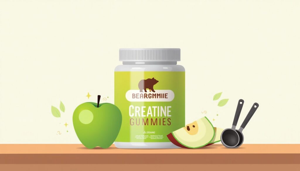 Minimalistische illustratie van Beargymmies met groene appelpartjes en maatlepels.