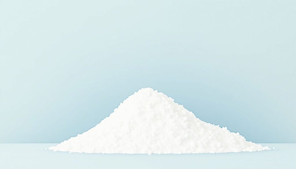 Minimalistische illustratie van een witte poederhoop op pastelachtergrond.