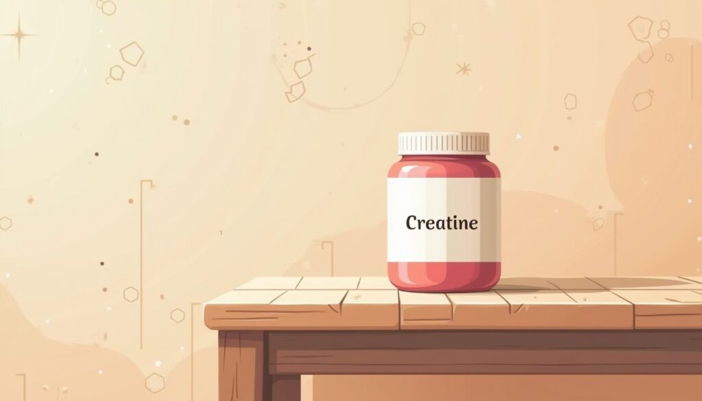 Flat illustratie van een creatinecontainer op een houten tafel.