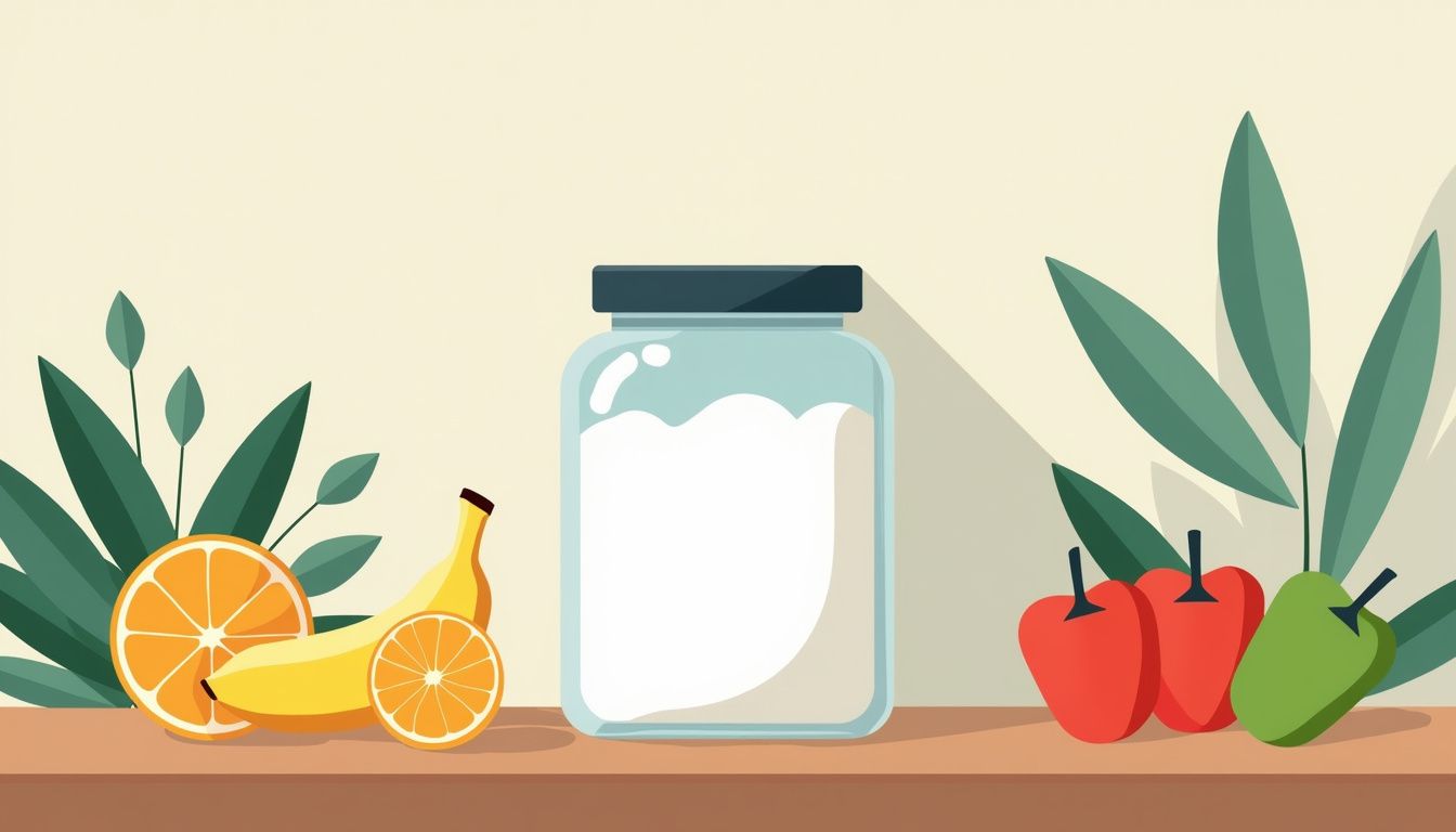 Een minimalistische vectorillustratie van een creatine jar omringd door fruit.