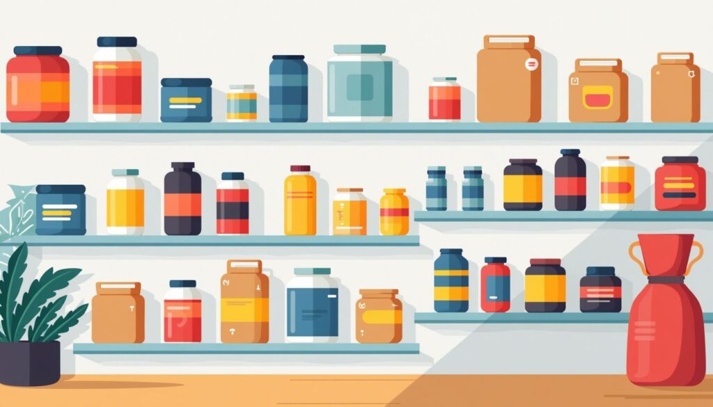 Moderne online superstore met kleurrijke creatine supplementen op nette planken.