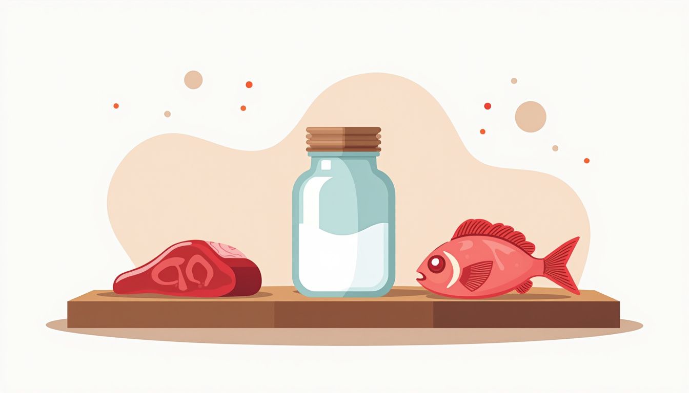 Minimalistische illustratie van een glazen pot met creatine en vlees.