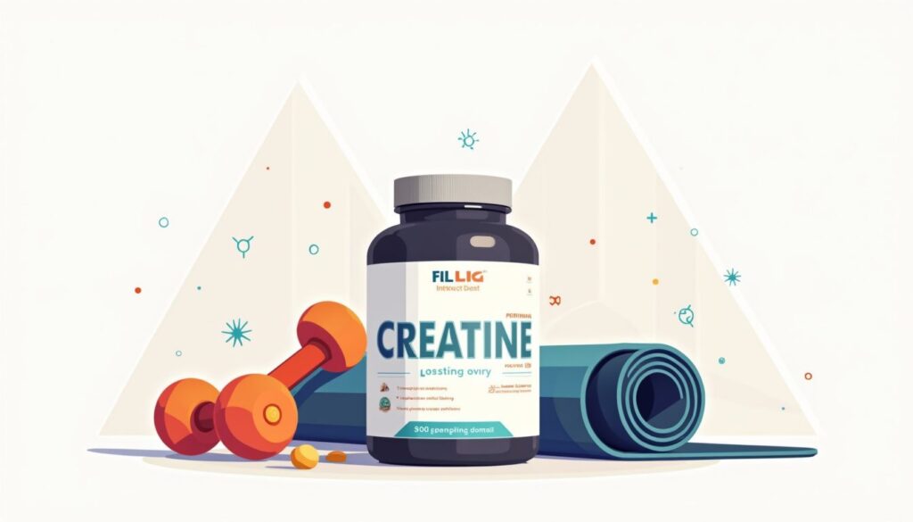 Minimalistische vectorillustratie van een creatinecontainer met fitnessaccessoires.