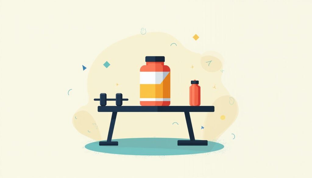 Vectorillustratie van creatine, halters en een waterfles op een bank.