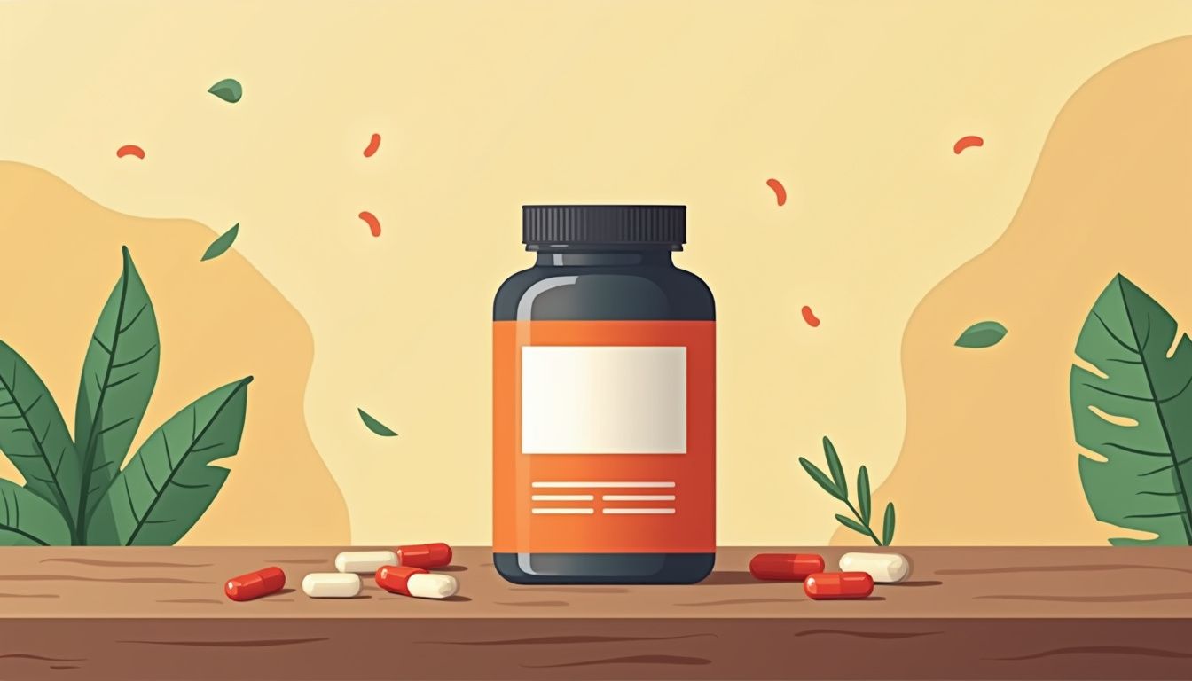 Minimalistische illustratie van een creatinefles op een houten tafel. Minimalistische illustratie van een creatinefles op een houten tafel.