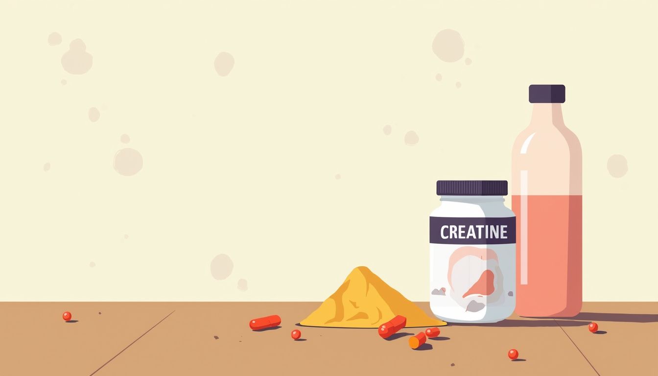 Minimalistische vectorillustratie van creatine, waterfles en supplementen op tafel. Minimalistische vectorillustratie van creatine, waterfles en supplementen op tafel.