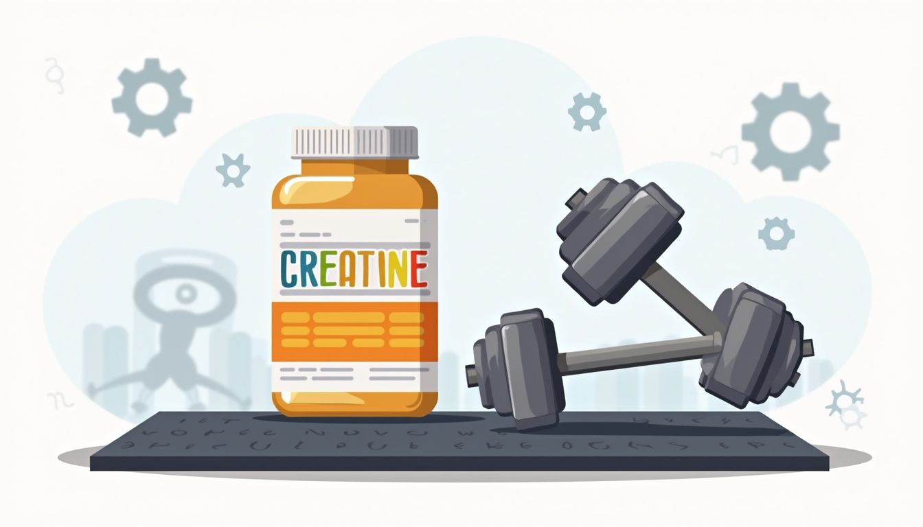 Flat vectorillustratie van een creatinefles en dumbbells in een thuisgym.