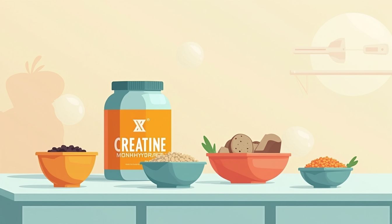Minimalistische vectorillustratie van creatine met gezonde voedingsmiddelen op een aanrecht.